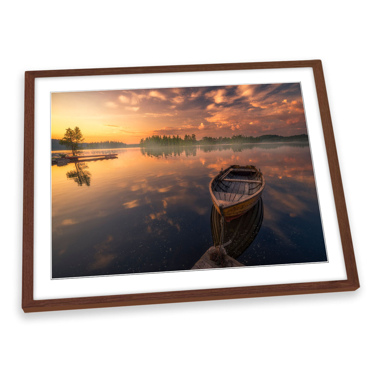 Wooden Boat Orange Sunset Lake FRAMED ART PRINT Picture Artwork