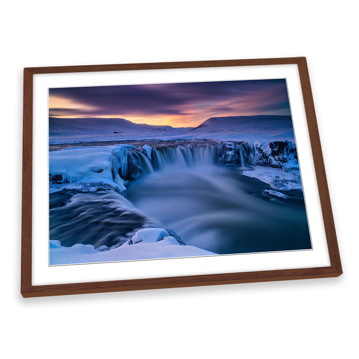 Winter Waterfall Godafoss Sunset FRAMED ART PRINT Picture Artwork