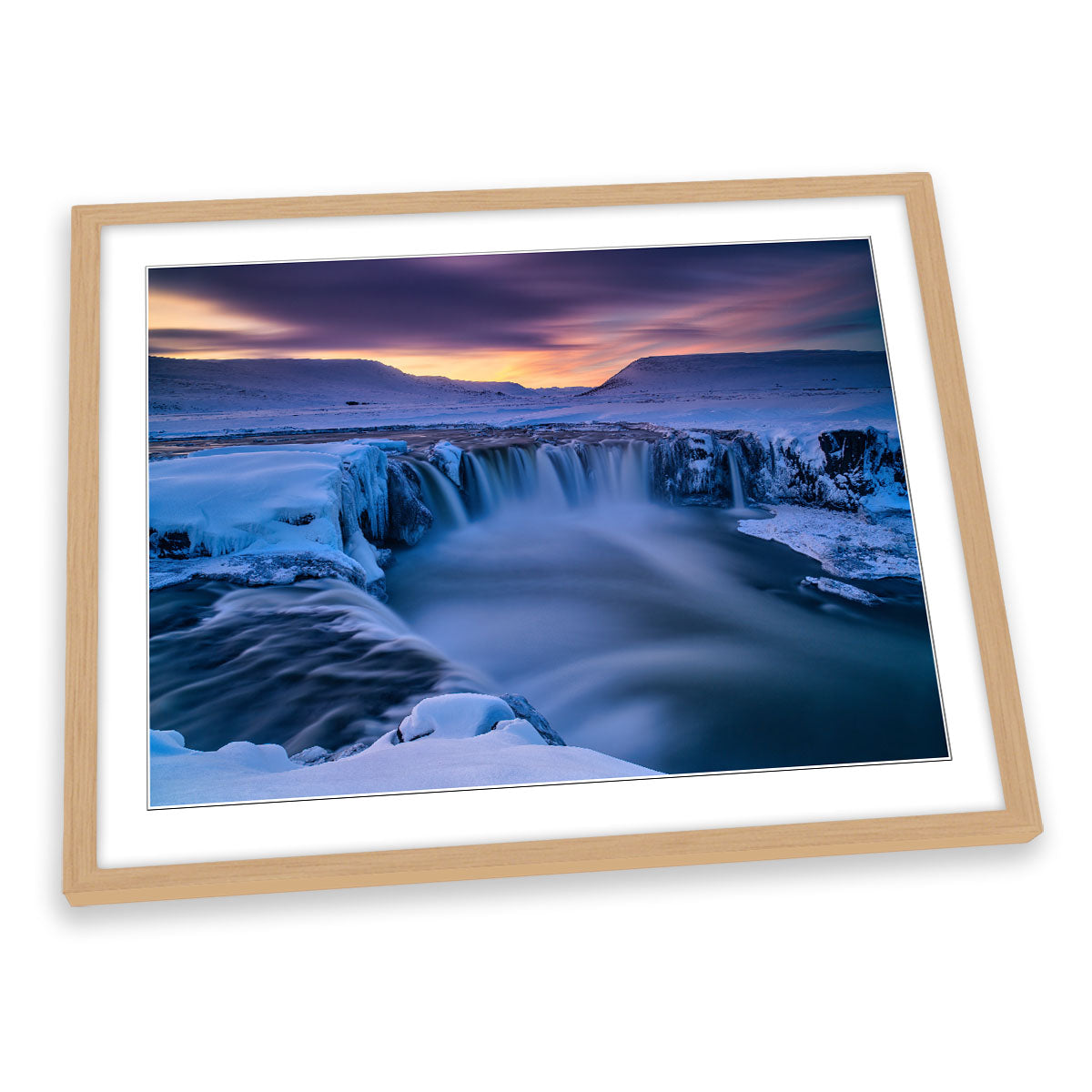 Winter Waterfall Godafoss Sunset FRAMED ART PRINT Picture Artwork