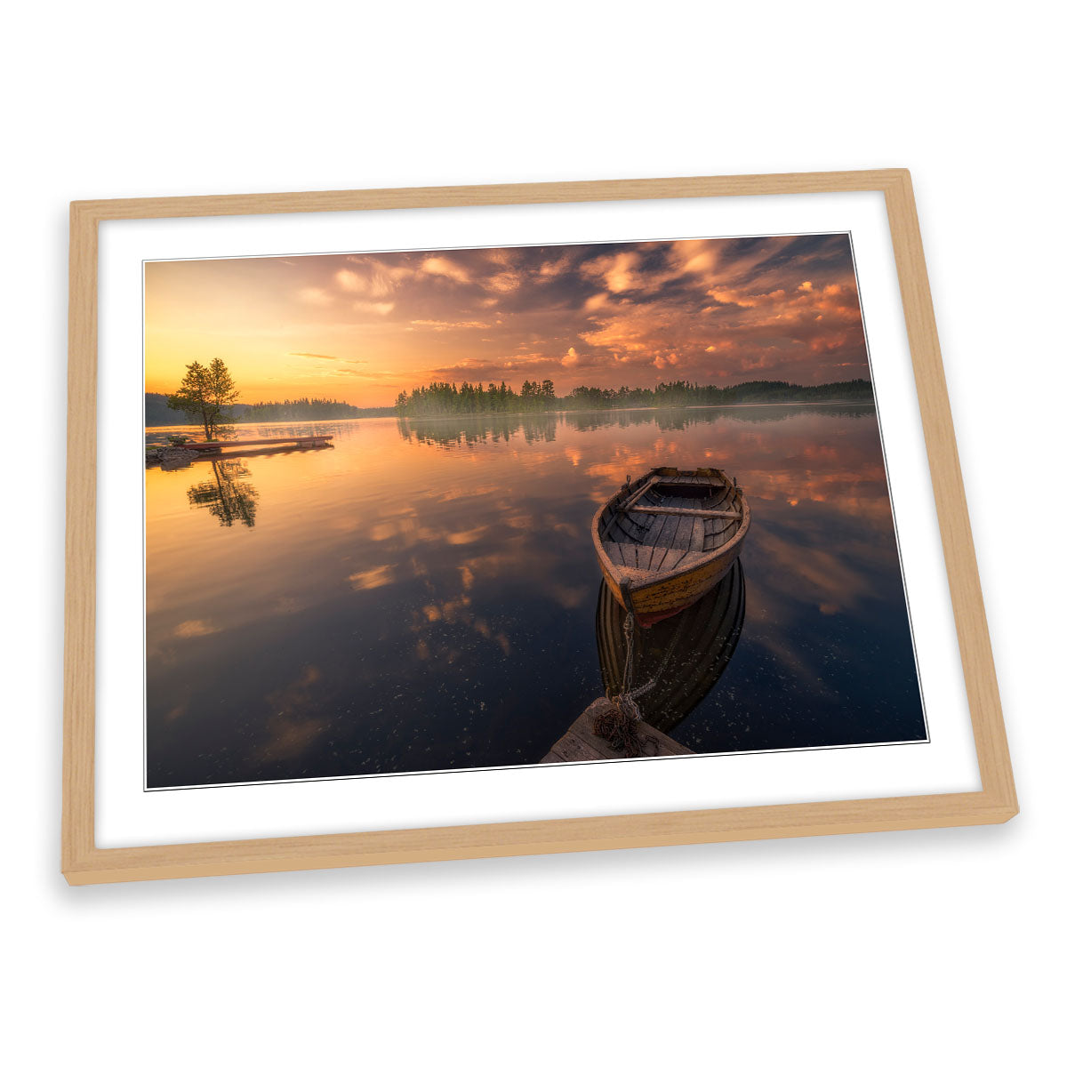 Wooden Boat Orange Sunset Lake FRAMED ART PRINT Picture Artwork
