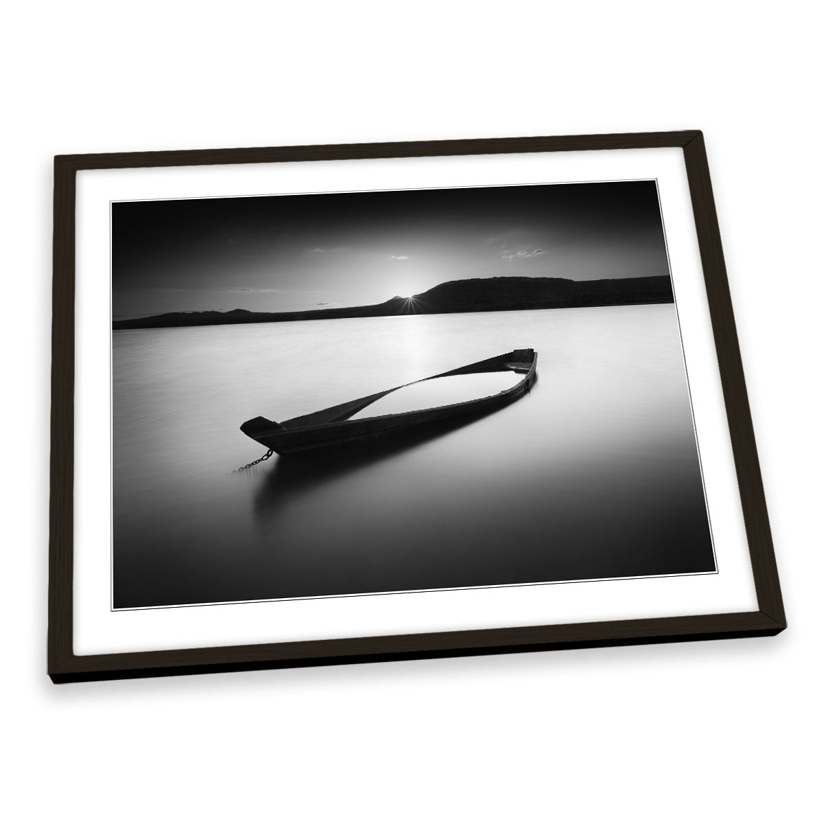 Zuratkul-Zen Lake Boat Sunset Black and White FRAMED ART PRINT Picture Artwork