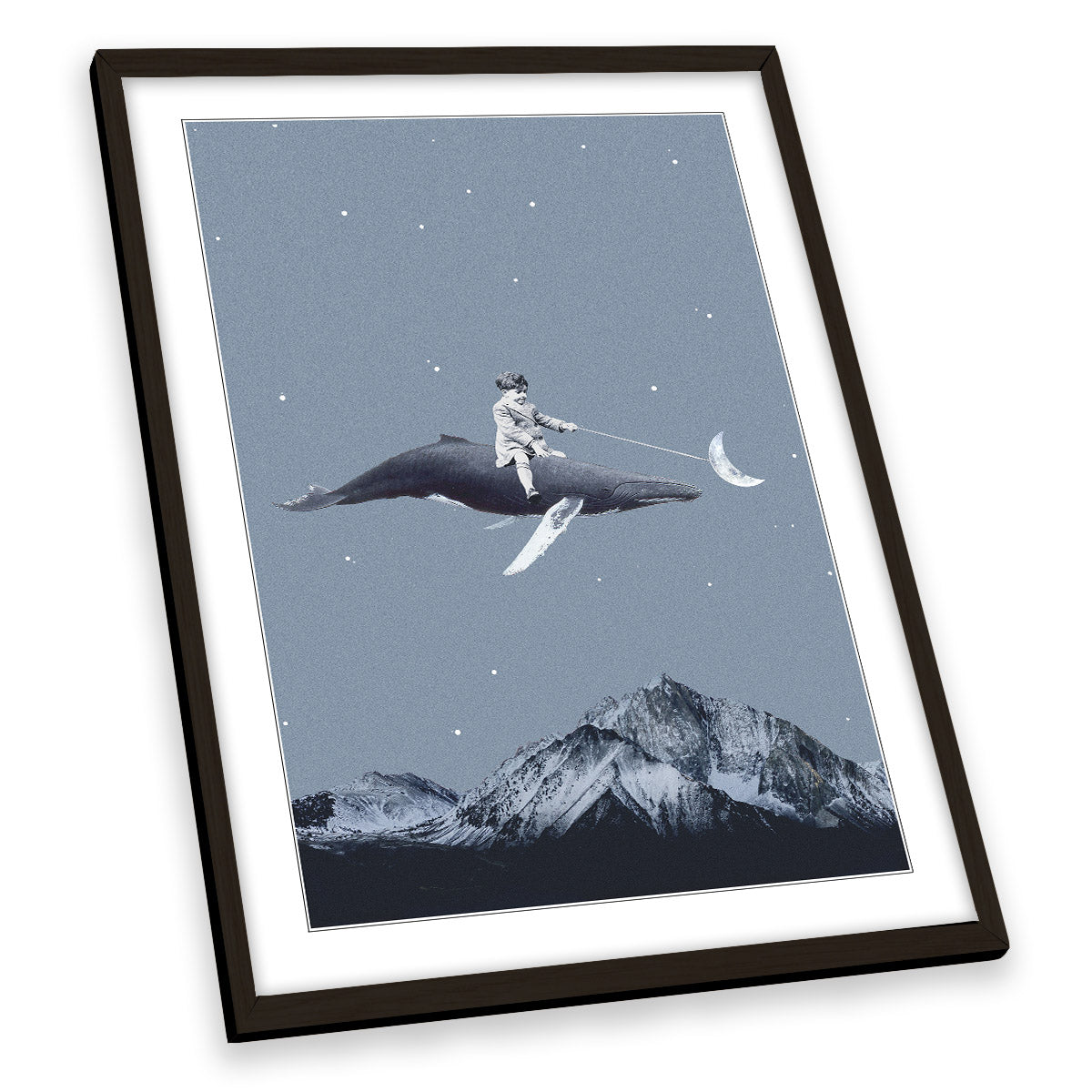 Aim for the Moon Surreal Whale Rider Blue FRAMED ART PRINT Picture Portrait Artwork