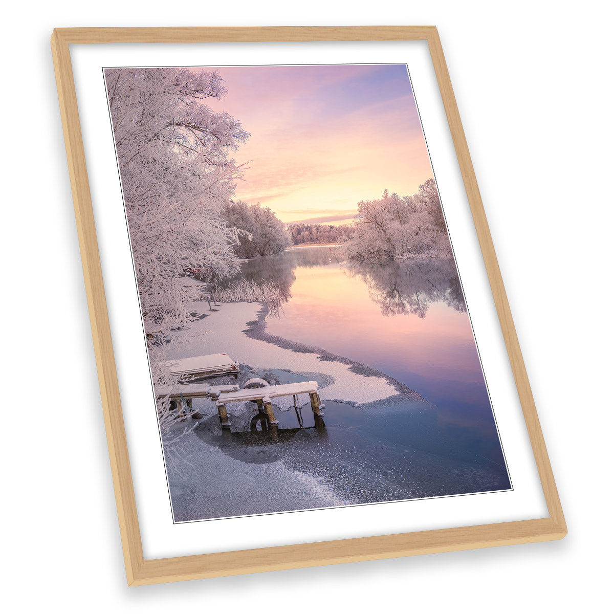 Winter Frozen Lake Pink Sunset Snow FRAMED ART PRINT Picture Portrait Artwork