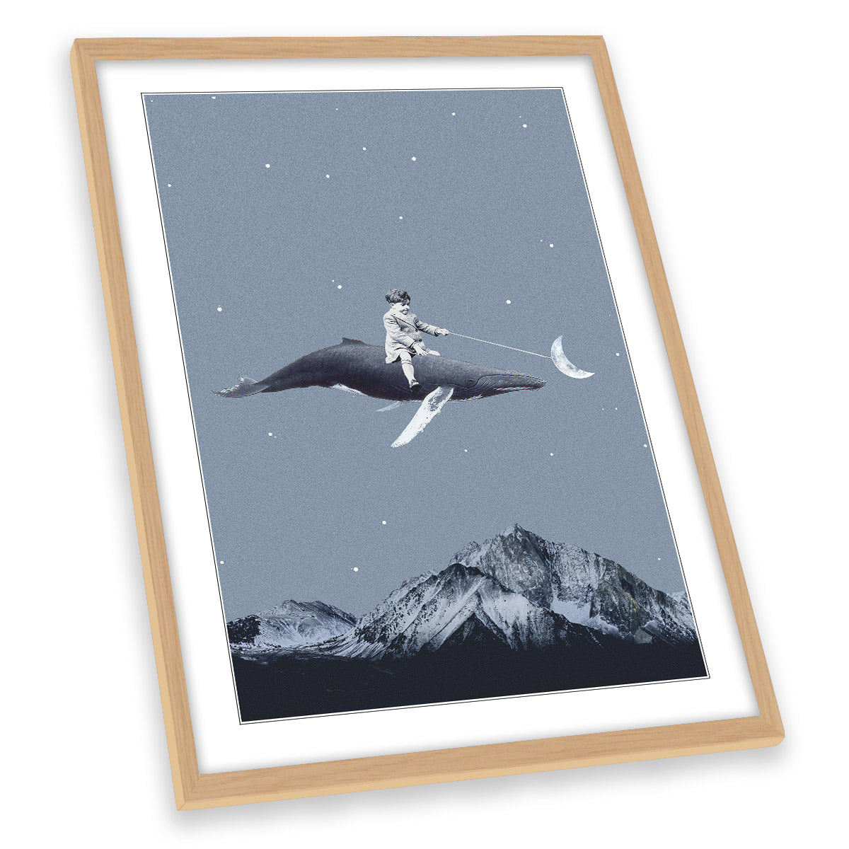 Aim for the Moon Surreal Whale Rider Blue FRAMED ART PRINT Picture Portrait Artwork