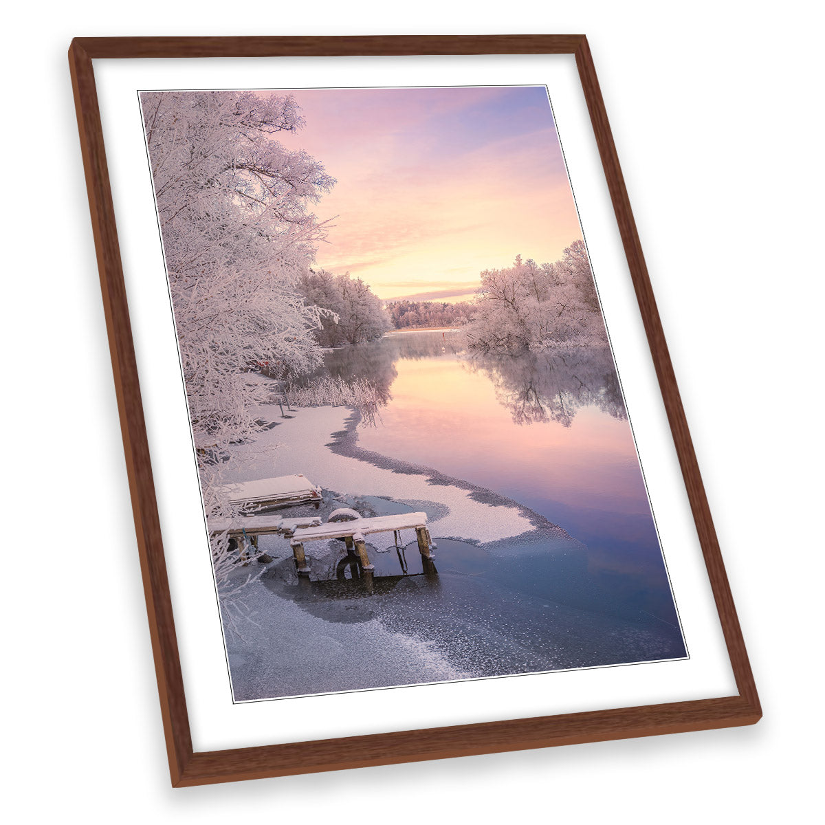 Winter Frozen Lake Pink Sunset Snow FRAMED ART PRINT Picture Portrait Artwork