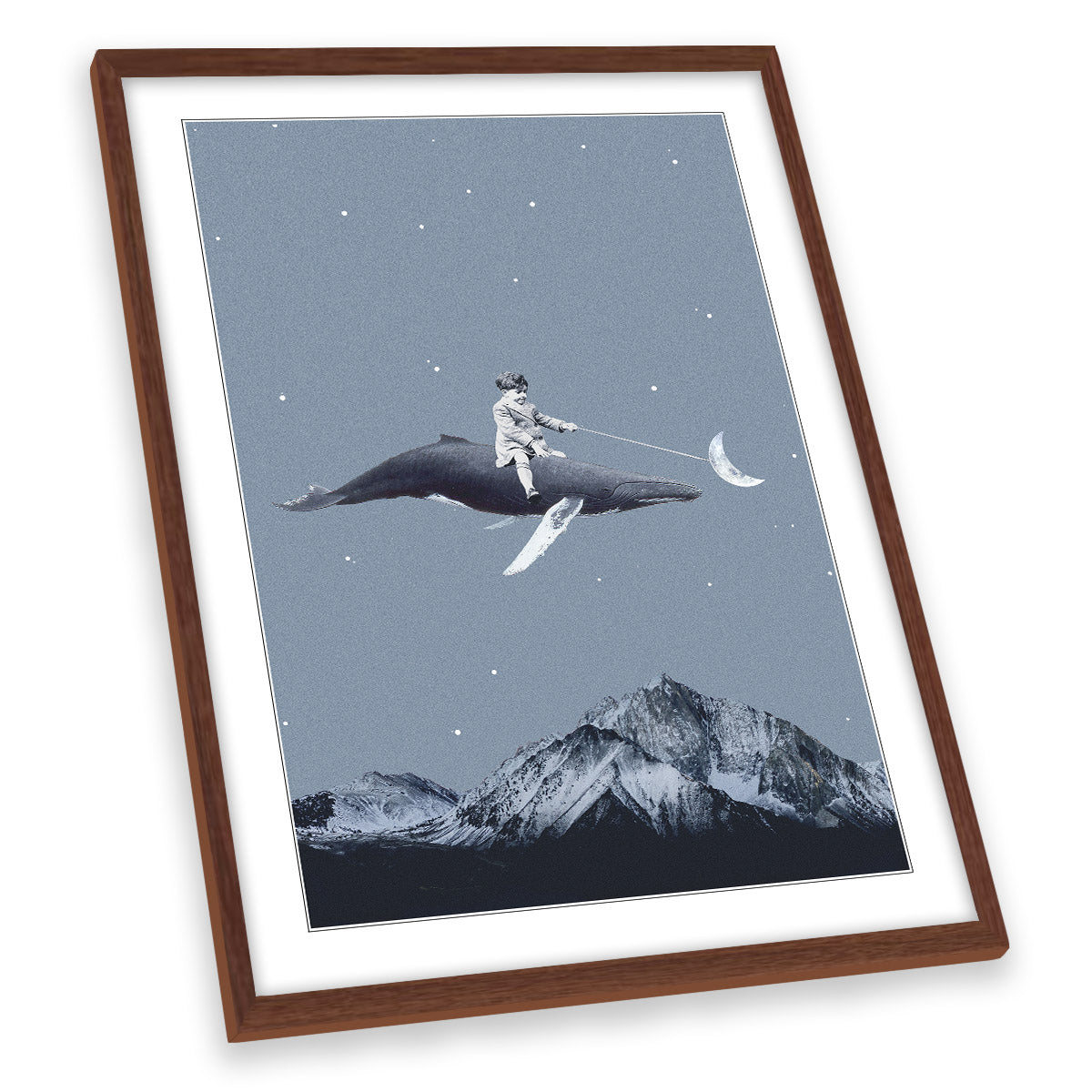Aim for the Moon Surreal Whale Rider Blue FRAMED ART PRINT Picture Portrait Artwork