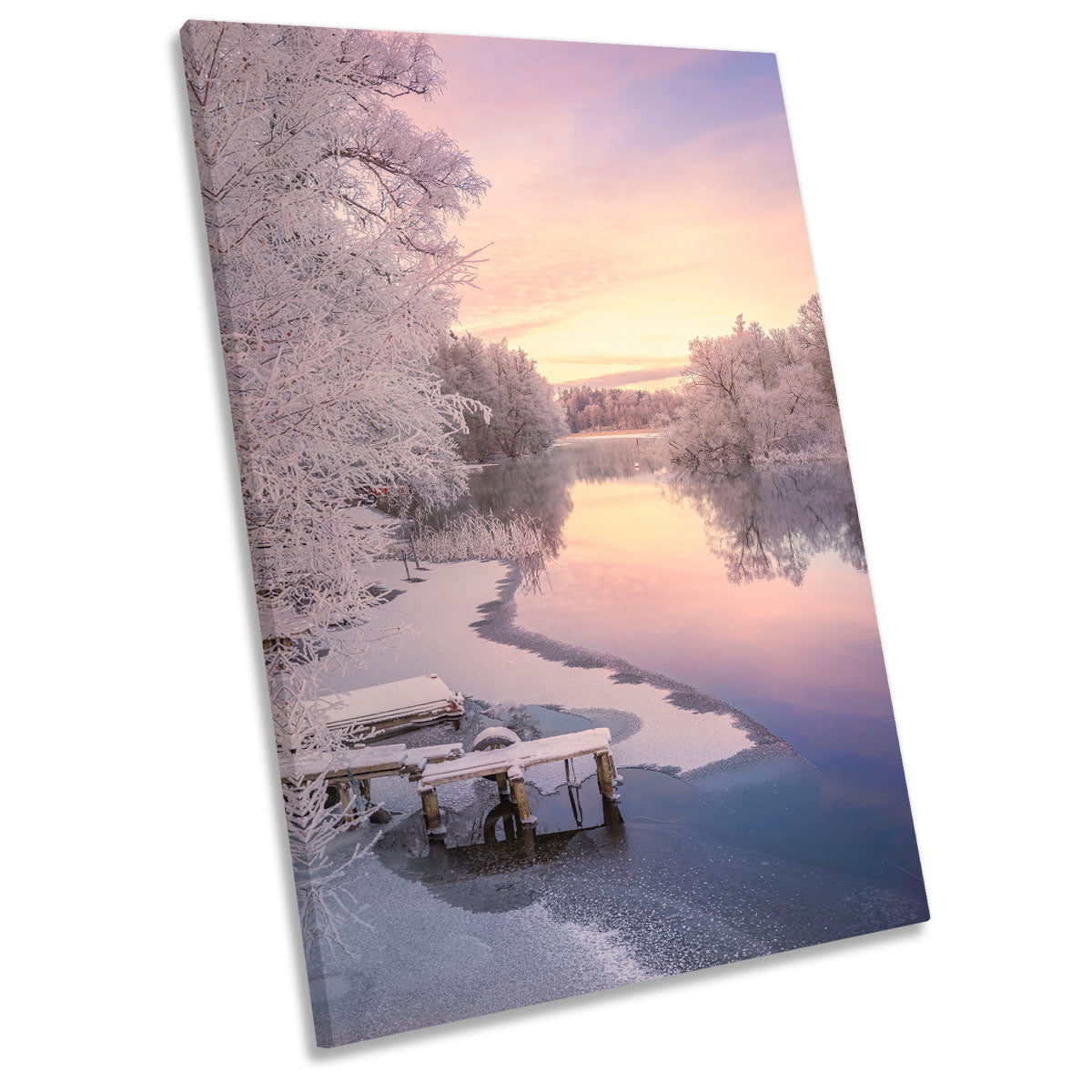 Winter Frozen Lake Pink Sunset Snow CANVAS WALL ART Portrait Picture Print