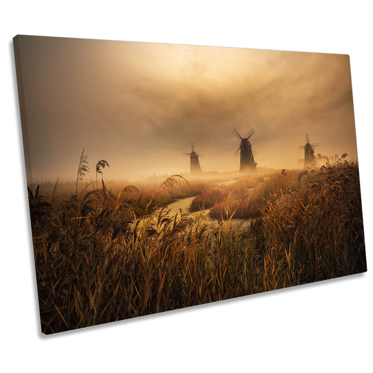 A Fascinating Morning Windmills Landscape CANVAS WALL ART Print Picture