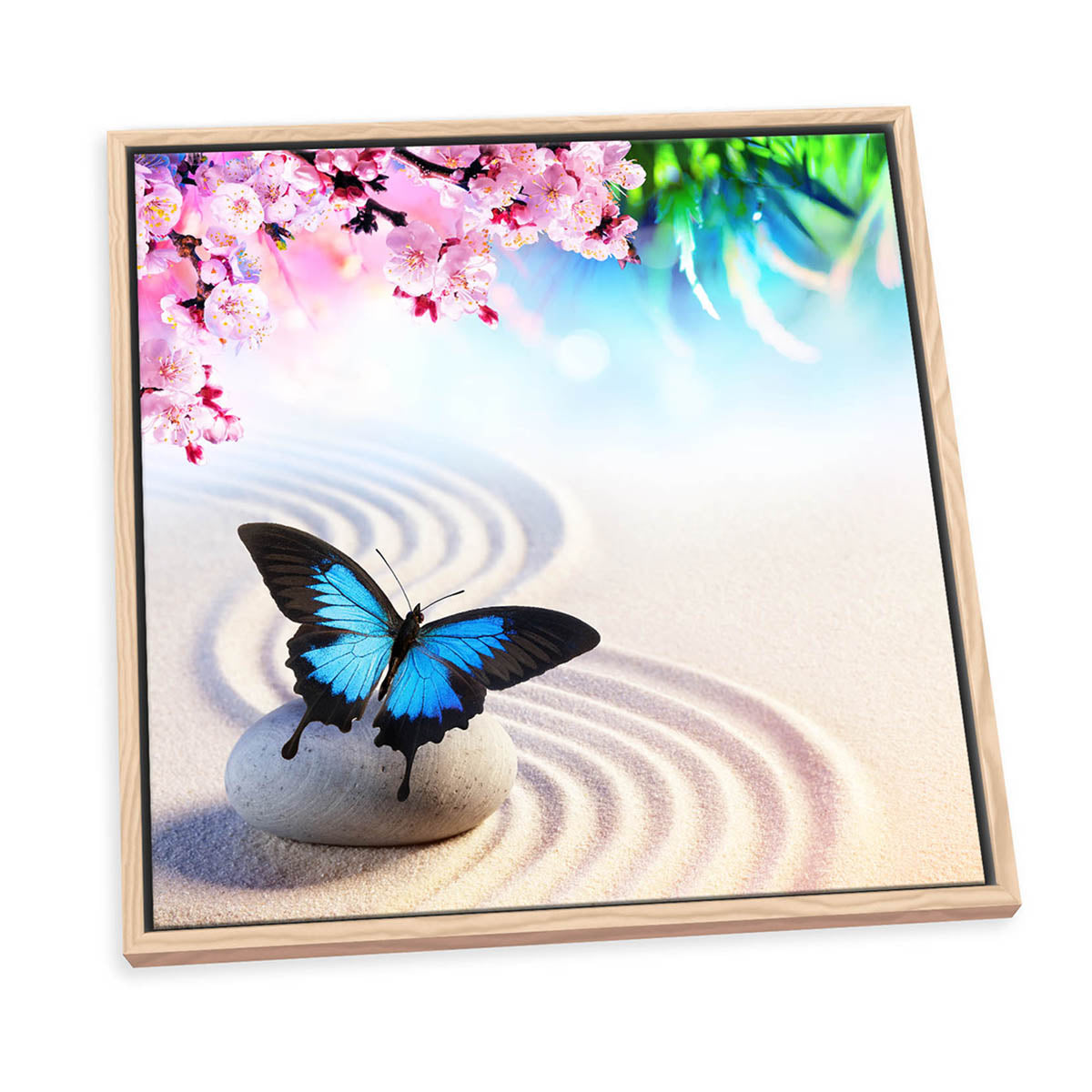 Zen Stones Butterfly Floral Blue CANVAS FLOATER FRAME Wall Art Print Picture Square