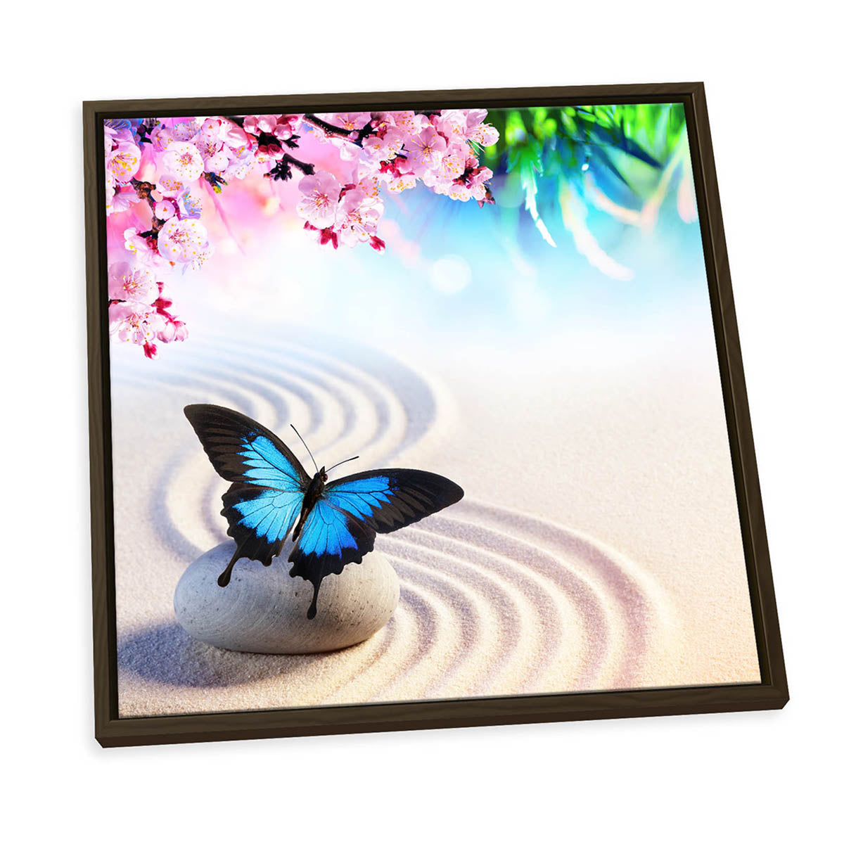 Zen Stones Butterfly Floral Blue CANVAS FLOATER FRAME Wall Art Print Picture Square