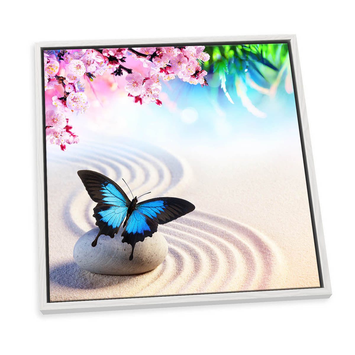 Zen Stones Butterfly Floral Blue CANVAS FLOATER FRAME Wall Art Print Picture Square