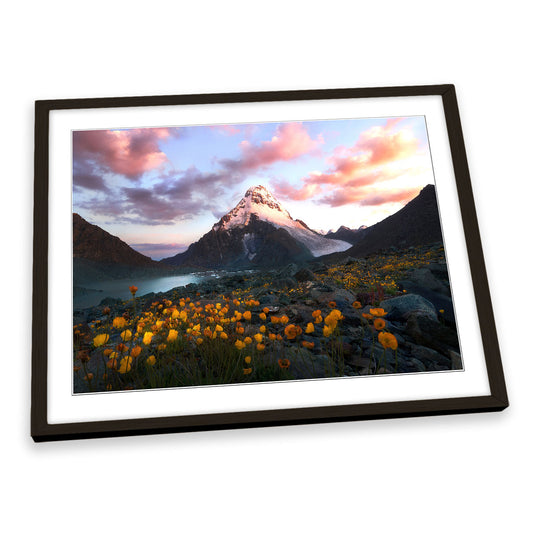 Yellow Flowers Mountain Landscape FRAMED ART PRINT Picture Artwork