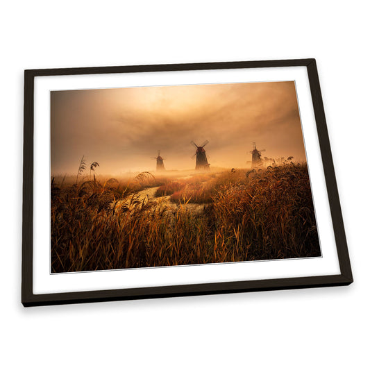 A Fascinating Morning Windmills Landscape FRAMED ART PRINT Picture Artwork