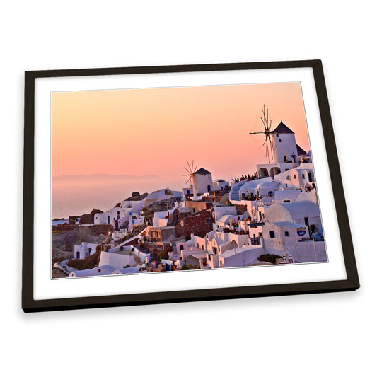 Windmills Santorini Greece Pink FRAMED ART PRINT Picture Artwork
