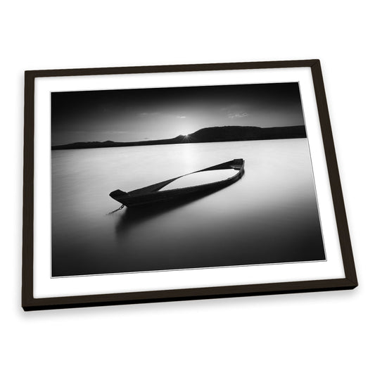 Zuratkul-Zen Lake Boat Sunset Black and White FRAMED ART PRINT Picture Artwork