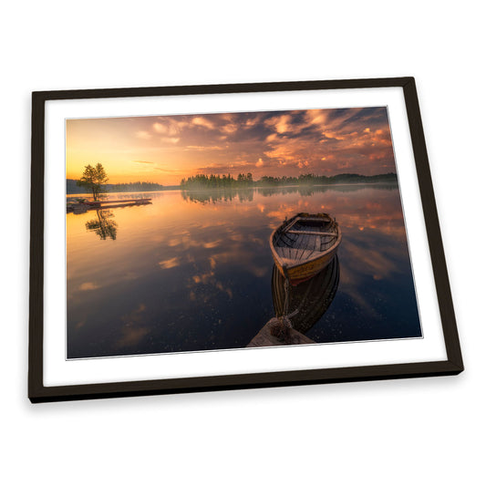 Wooden Boat Orange Sunset Lake FRAMED ART PRINT Picture Artwork
