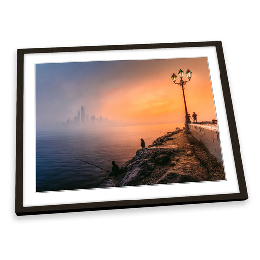 Abu Dhabi City Skyline Foggy Sunset FRAMED ART PRINT Picture Artwork