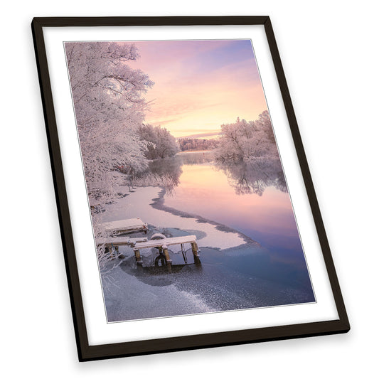 Winter Frozen Lake Pink Sunset Snow FRAMED ART PRINT Picture Portrait Artwork