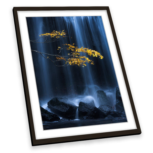 Yellow Autumn Blue Waterfall Scenic FRAMED ART PRINT Picture Portrait Artwork