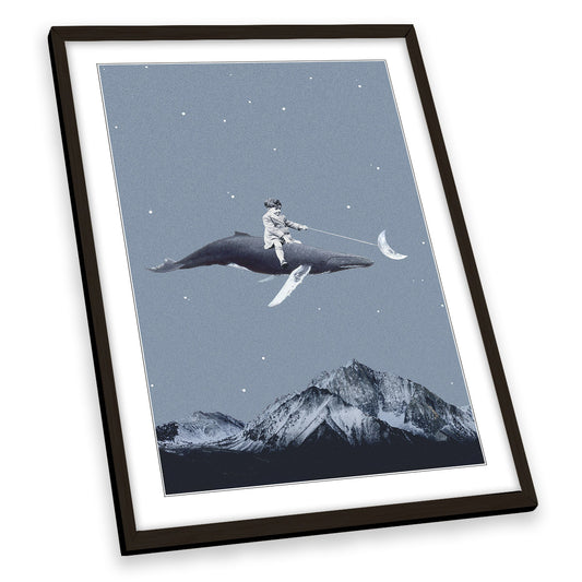Aim for the Moon Surreal Whale Rider Blue FRAMED ART PRINT Picture Portrait Artwork