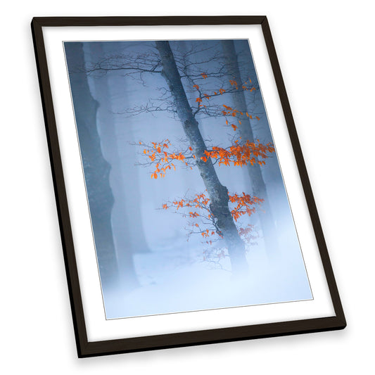 Winter Forest Misty Orange Leaves Floral FRAMED ART PRINT Picture Portrait Artwork
