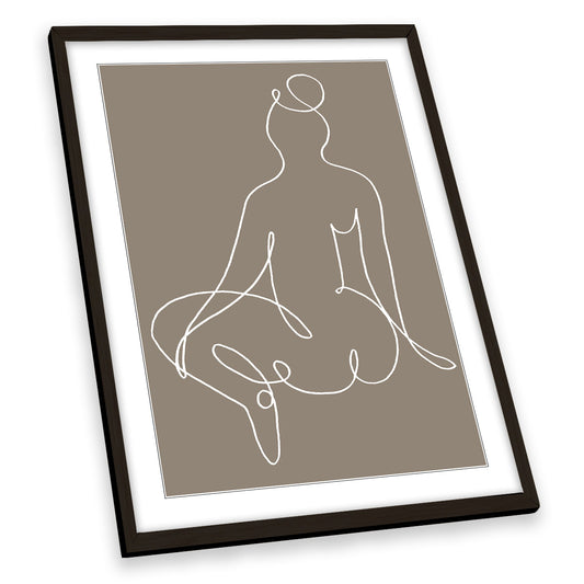 Woman Sitting Down Line Art Umber Brown FRAMED ART PRINT Picture Portrait Artwork