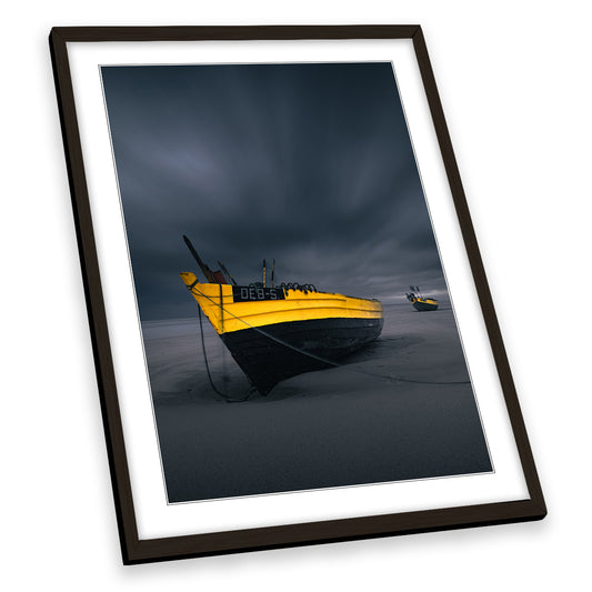 Yellow Boat Fighting with the Storm Beach FRAMED ART PRINT Picture Portrait Artwork