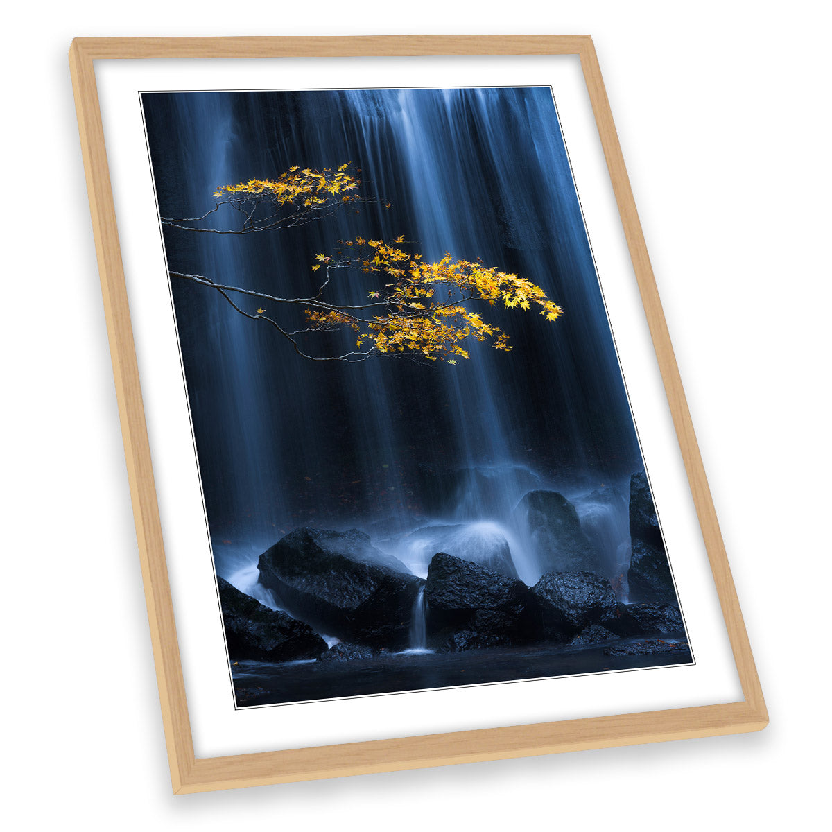 Yellow Autumn Blue Waterfall Scenic FRAMED ART PRINT Picture Portrait Artwork