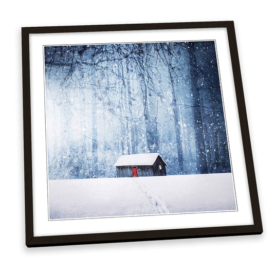 Winter Landscape Snow Cabin Scenic FRAMED ART PRINT Picture Square Artwork