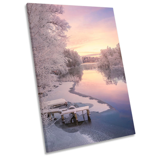 Winter Frozen Lake Pink Sunset Snow CANVAS WALL ART Portrait Picture Print