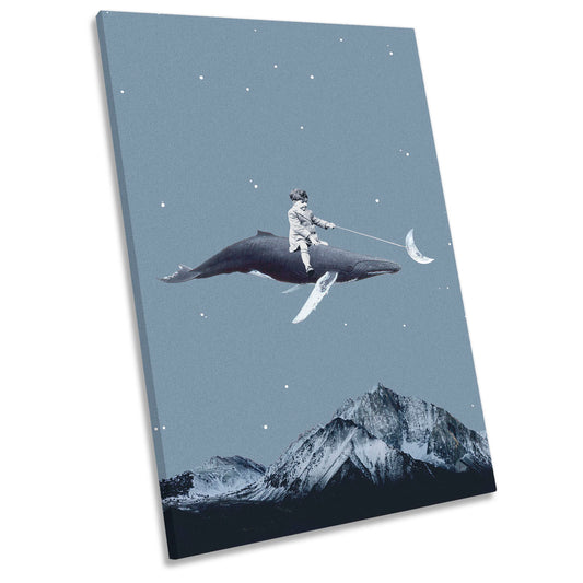 Aim for the Moon Surreal Whale Rider Blue CANVAS WALL ART Portrait Picture Print