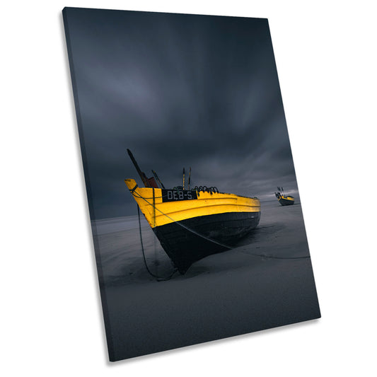 Yellow Boat Fighting with the Storm Beach CANVAS WALL ART Portrait Picture Print