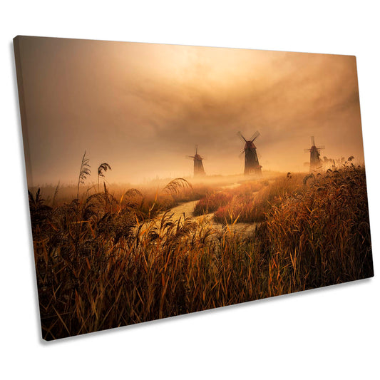 A Fascinating Morning Windmills Landscape CANVAS WALL ART Print Picture
