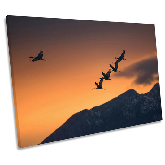 Above the Snowy Mountains Birds Orange CANVAS WALL ART Print Picture