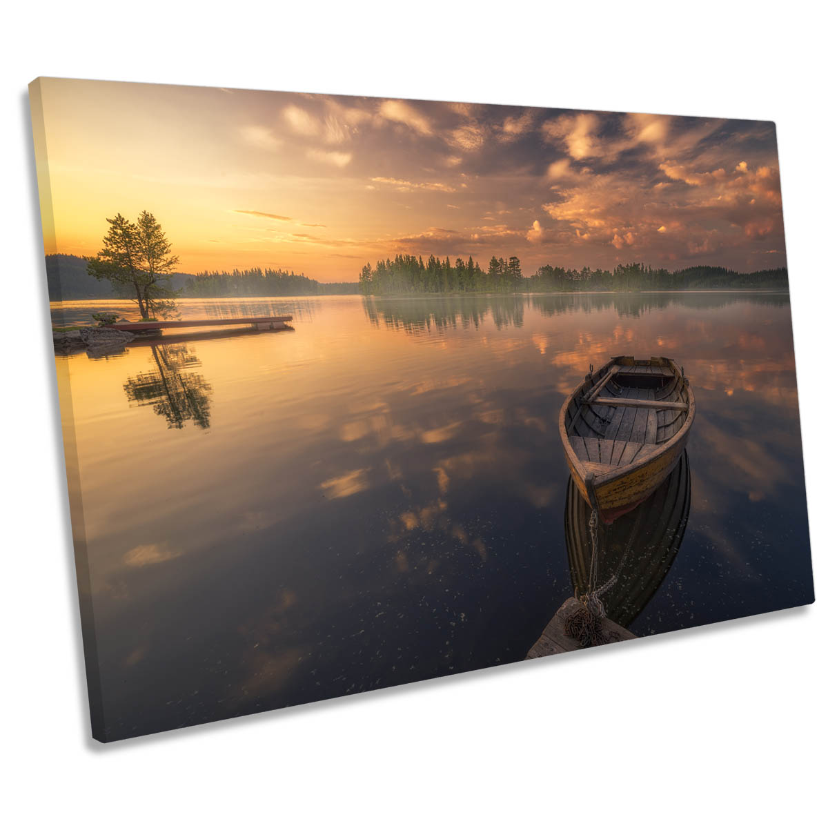 Wooden Boat Orange Sunset Lake CANVAS WALL ART Print Picture