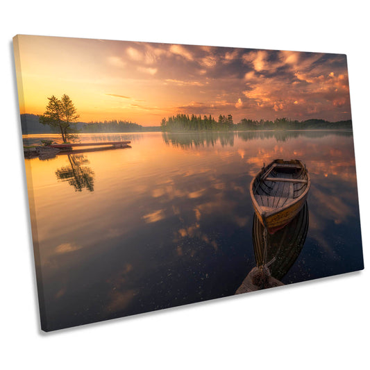 Wooden Boat Orange Sunset Lake CANVAS WALL ART Print Picture