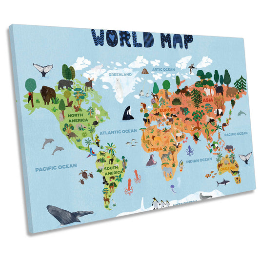World Map for Kids CANVAS WALL ART Print Picture