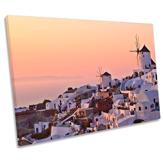 Windmills Santorini Greece Pink CANVAS WALL ART Print Picture