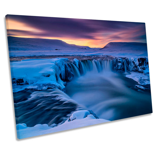 Winter Waterfall Godafoss Sunset CANVAS WALL ART Print Picture