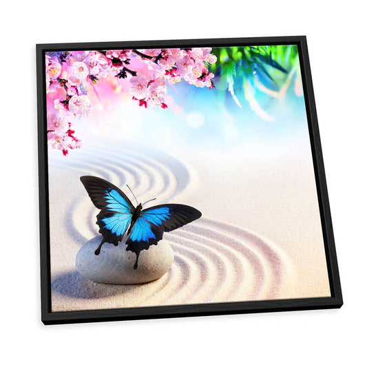 Zen Stones Butterfly Floral Blue CANVAS FLOATER FRAME Wall Art Print Picture Square